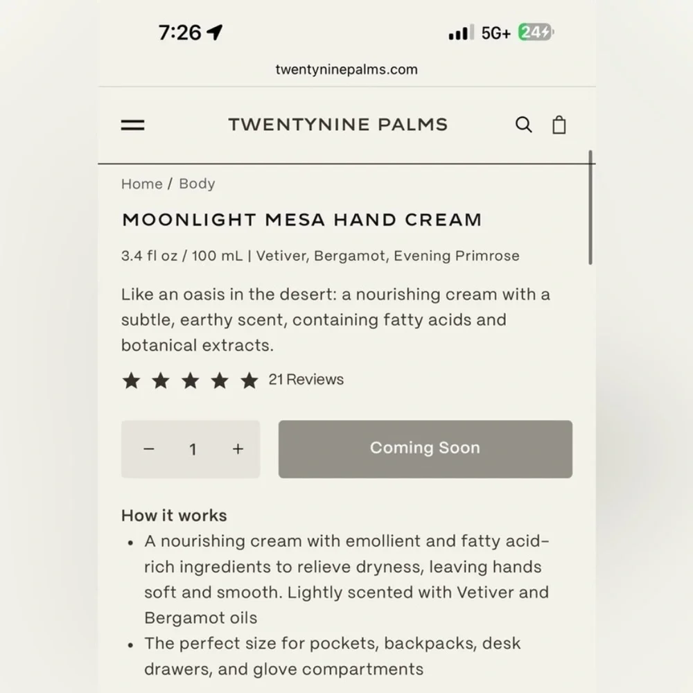 NEW TWENTYNINE PALMS HAND CREAM - Moonlit Mesa Hand Cream - FULL SIZE